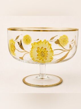 Vintage MCM Hand Painted Yellow Floral Pedestal Bowl Compote Gold Trim​